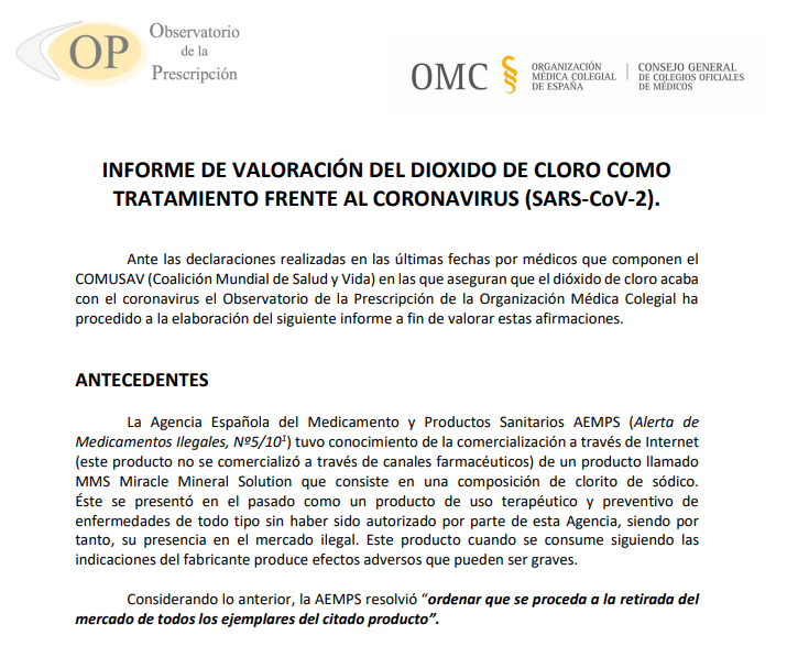 INFORME DE VALORACIÓN DEL DIOXIDO DE CLORO COMO TRATAMIENTO FRENTE AL CORONAVIRUS (SARS-CoV-2)